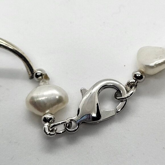 NEW, BEST SILVER, 14K WHITE GOLD PTD TWISTED BAR & WHITE FW PEARL NECKLACE - Picture 3 of 4